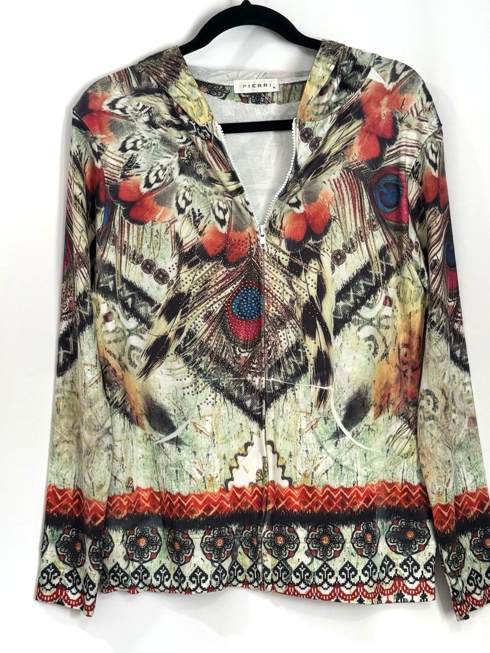 Pierri Zip Up Hoodie Top Womens Medium Feathers Tribal Pattern w/ Rhinestones